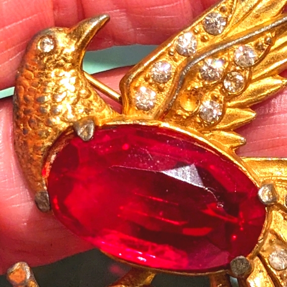 Vintage 1940 red & gold faceted rare crystal Gold plate bird of Paradise - Picture 12 of 16